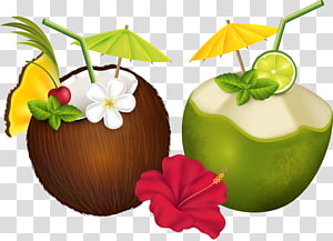 two coconut juicec art, Cocktail Pixf1a colada Coconut water Tropics, coconut and flowers transparent background PNG clipart thumbnail