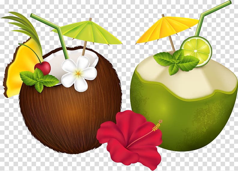two coconut juicec art, Cocktail Pixf1a colada Coconut water Tropics, coconut and flowers transparent background PNG clipart