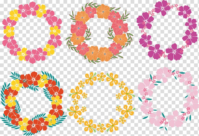 six floral frame templates, Hawaiian Lei , Bridal bouquet transparent background PNG clipart