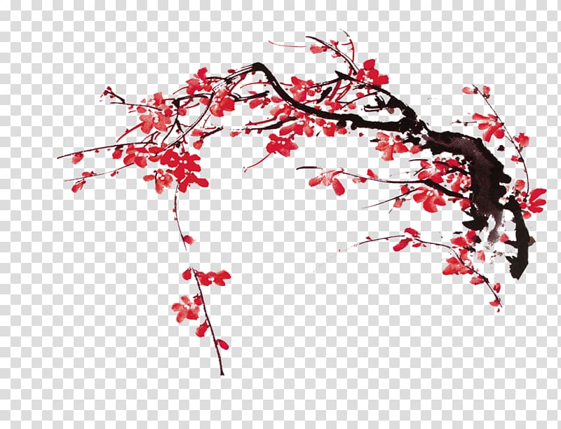 pink petaled tree painting, Vietnam Lunar New Year Coq de feu, Chinese painting plum blossom transparent background PNG clipart