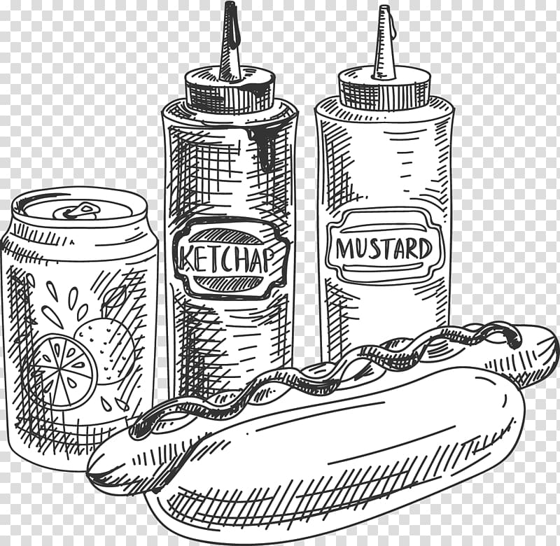 dog bread, soda can, ketchup and mustard squeeze bottles illustration, Hot dog Hamburger Fast food, Hand-painted artwork cola hot dog snack food transparent background PNG clipart