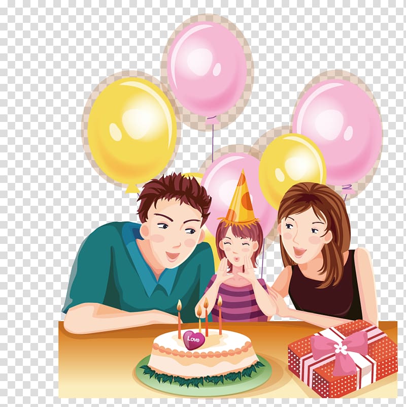 Birthday cake Party Family Cartoon, Parents to daughter birthday transparent background PNG clipart