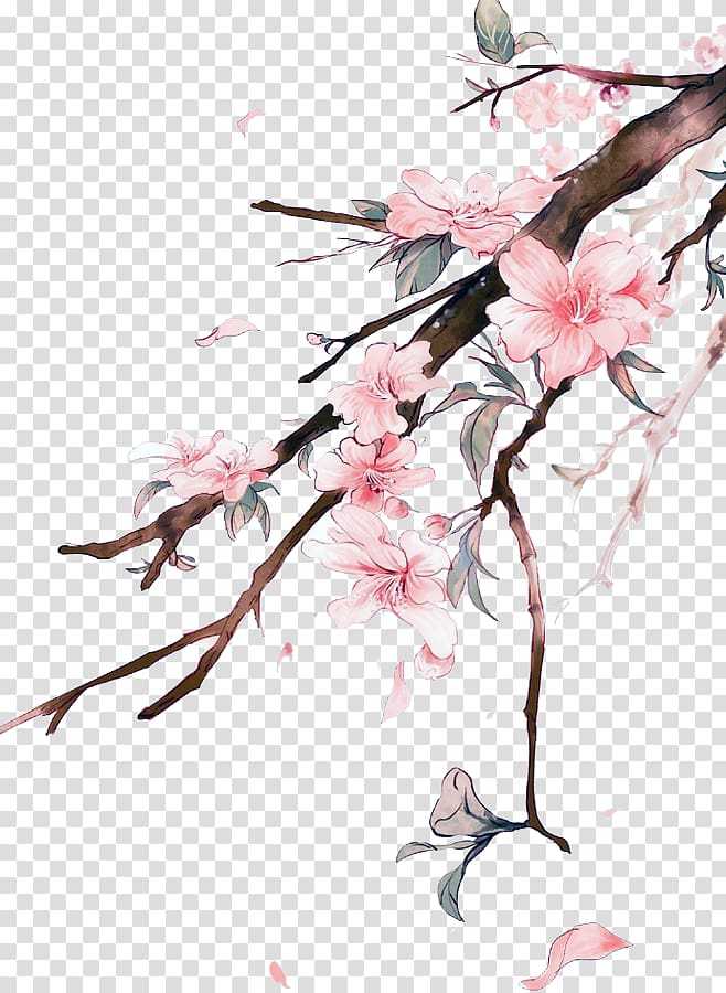 cherry blossoms illustration, Watercolor painting Landscape Art China, painting transparent background PNG clipart