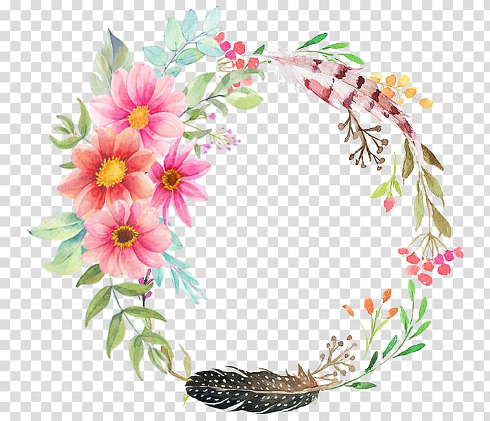 pink flowers and feathers border illustration, Flower Ring, Flower ring transparent background PNG clipart