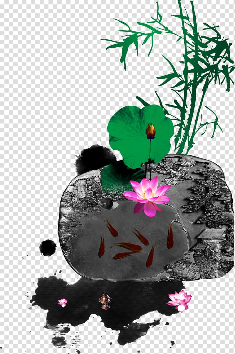 Pond Nelumbo nucifera, Ink lotus pond rockery transparent background PNG clipart