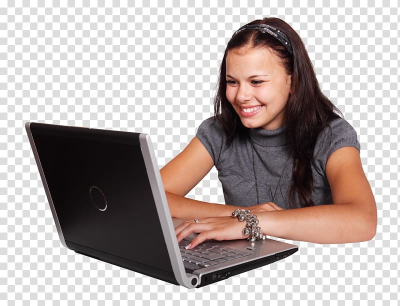 woman using black and silver laptop, Student Computer Online dating service, Girl Using Laptop transparent background PNG clipart