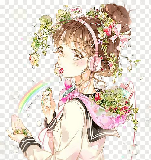 girl wearing headphone while eating strawberry fruit illustration, Anime Strawberry Panic! Drawing Female , Painted girls school uniforms transparent background PNG clipart