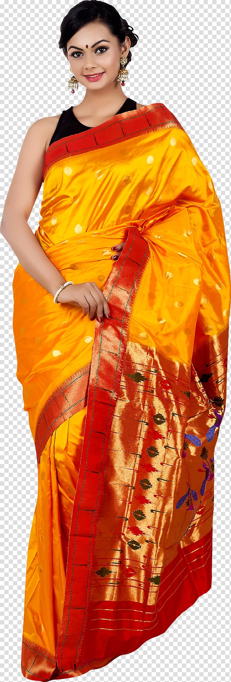 woman wearing orange and red scarf, Paithani Wedding sari Silk Clothing, saree transparent background PNG clipart