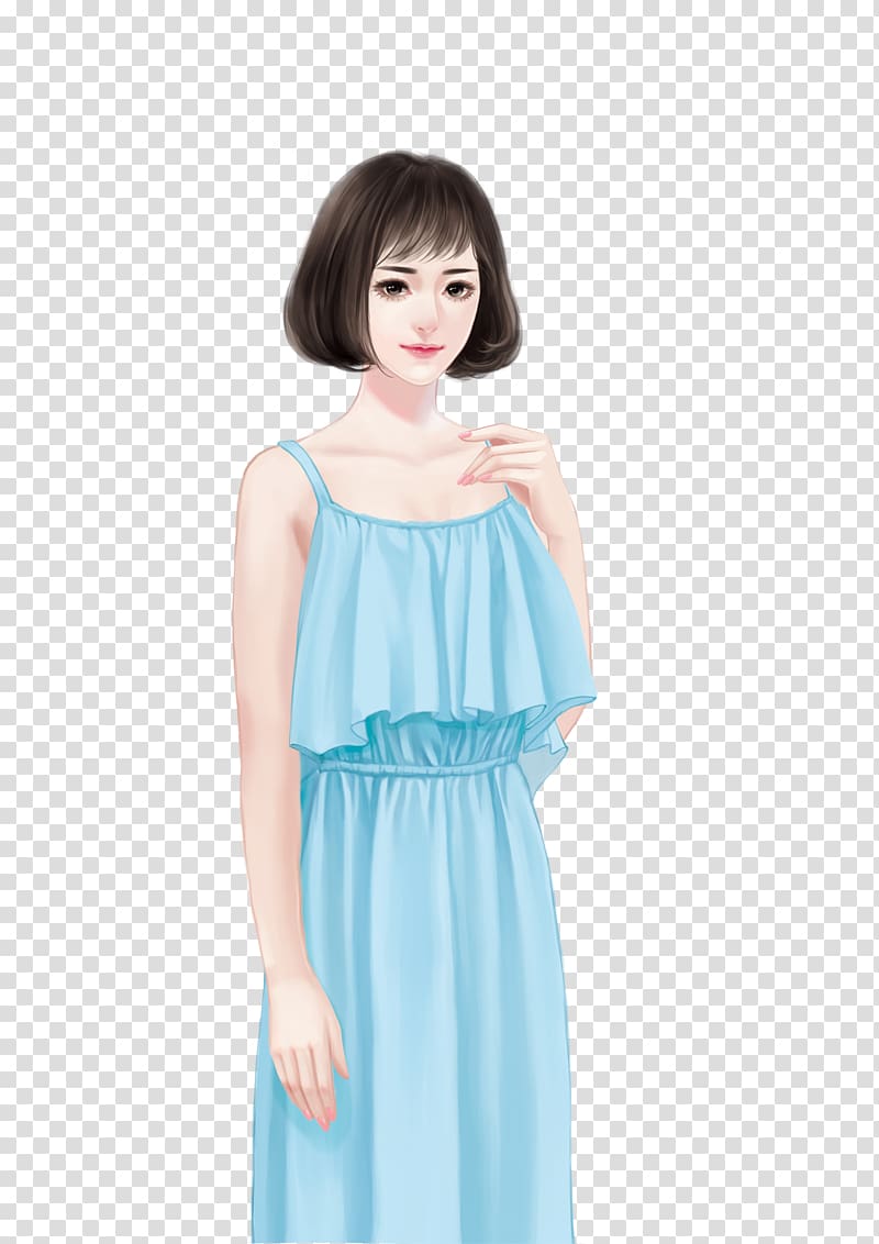 Girl Blue Illustration, Hand-painted blue short-haired girl transparent background PNG clipart