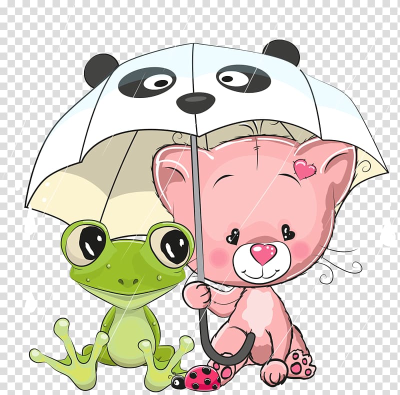 frog and cat holding umbrella , illustration, Kitten and frog under umbrella transparent background PNG clipart