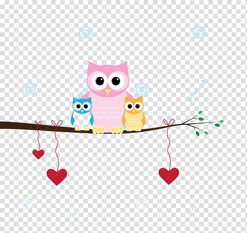 three owl on tree branch illustration, Owl Mother\'s Day Illustration, Hand-painted owl transparent background PNG clipart