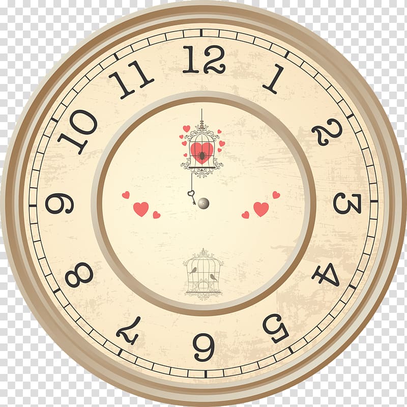 round brown analog wall clock illustration, Clock With Hearts Decoration transparent background PNG clipart