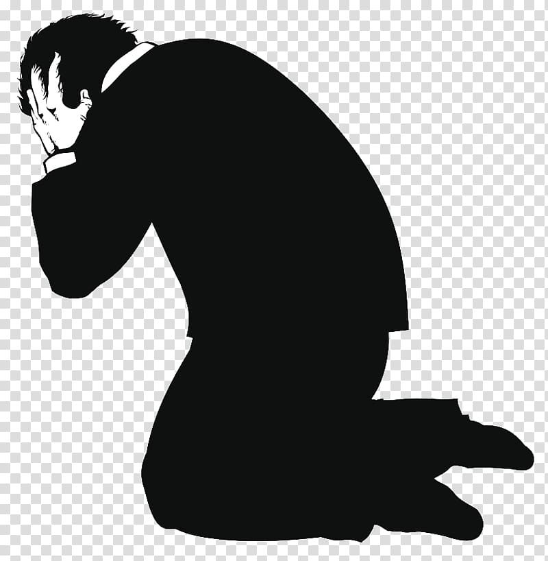 bended knee man illustration, Silhouette Black and white Illustration, Lonely silhouette of a man kneeling transparent background PNG clipart