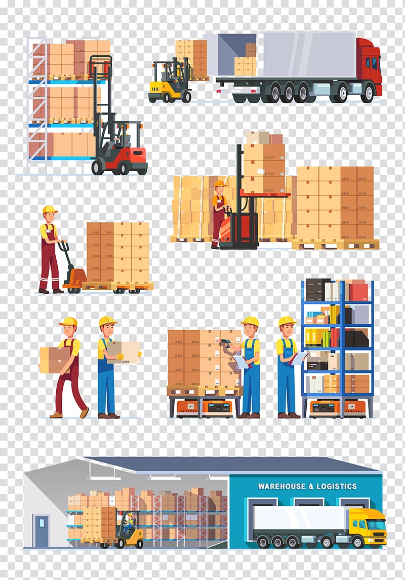 red and black fork lift illustration collage, Warehouse Logistics Graphic design, Flat Warehouse transparent background PNG clipart