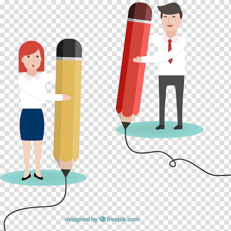 Cartoon Drawing Pencil Illustration, Business men and women holding a pencil material ed, transparent background PNG clipart