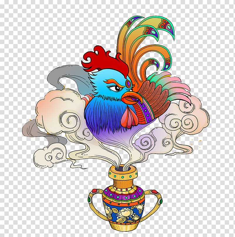 Rooster Chicken Illustration, Myth chicken colorful pattern transparent background PNG clipart