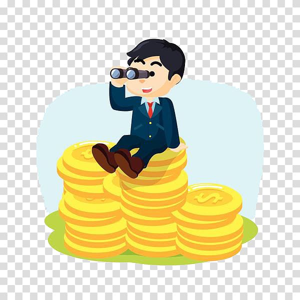 Cartoon Illustration, A man sitting on a gold coin transparent background PNG clipart
