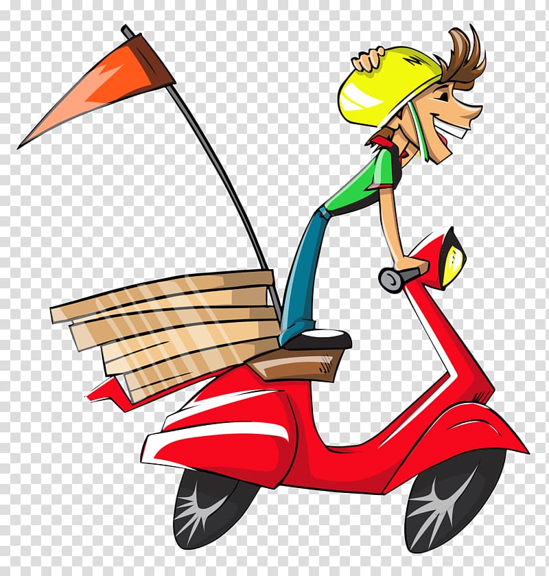 man riding red motor scooter illustration, Pizza delivery Pizza delivery , Delivery Boy transparent background PNG clipart