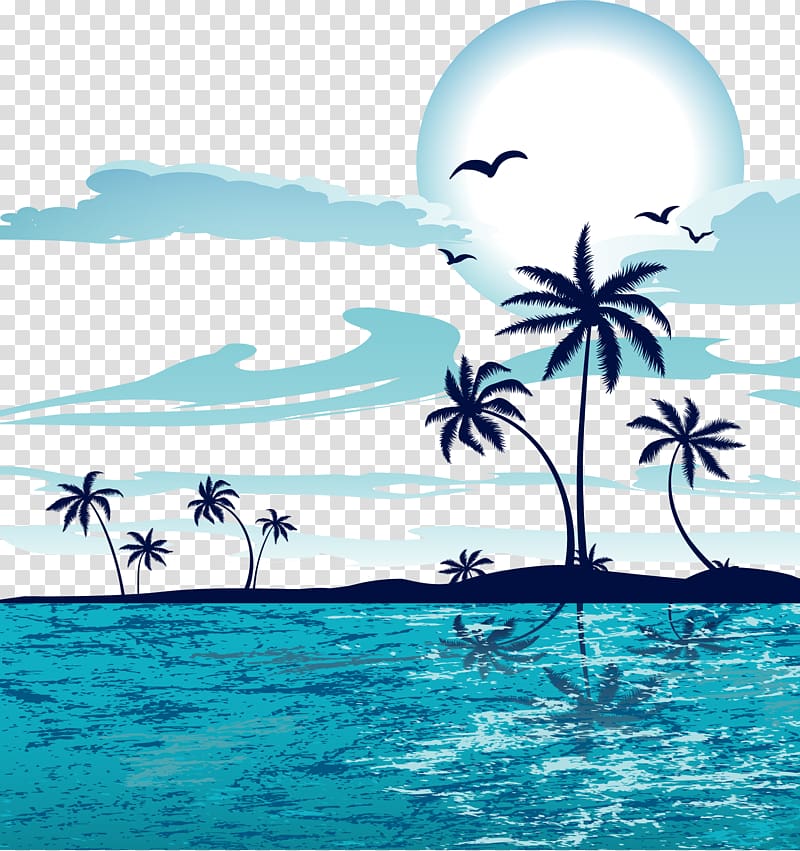 three coconut trees near body of water illustration, Sandy Beach, cartoon sea sunset transparent background PNG clipart