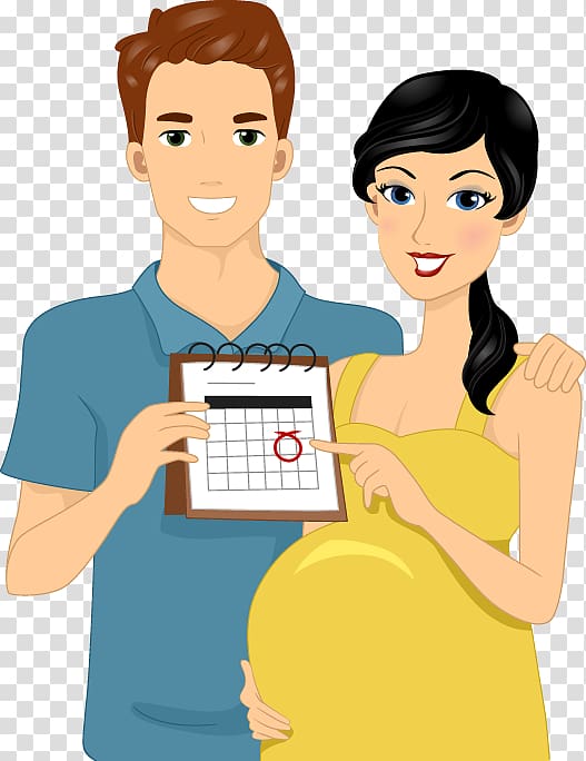 man holding pregnant woman while pointing on calendar with red mark illustration, Pregnancy couple , Cartoon pregnant woman loving couple pattern transparent background PNG clipart