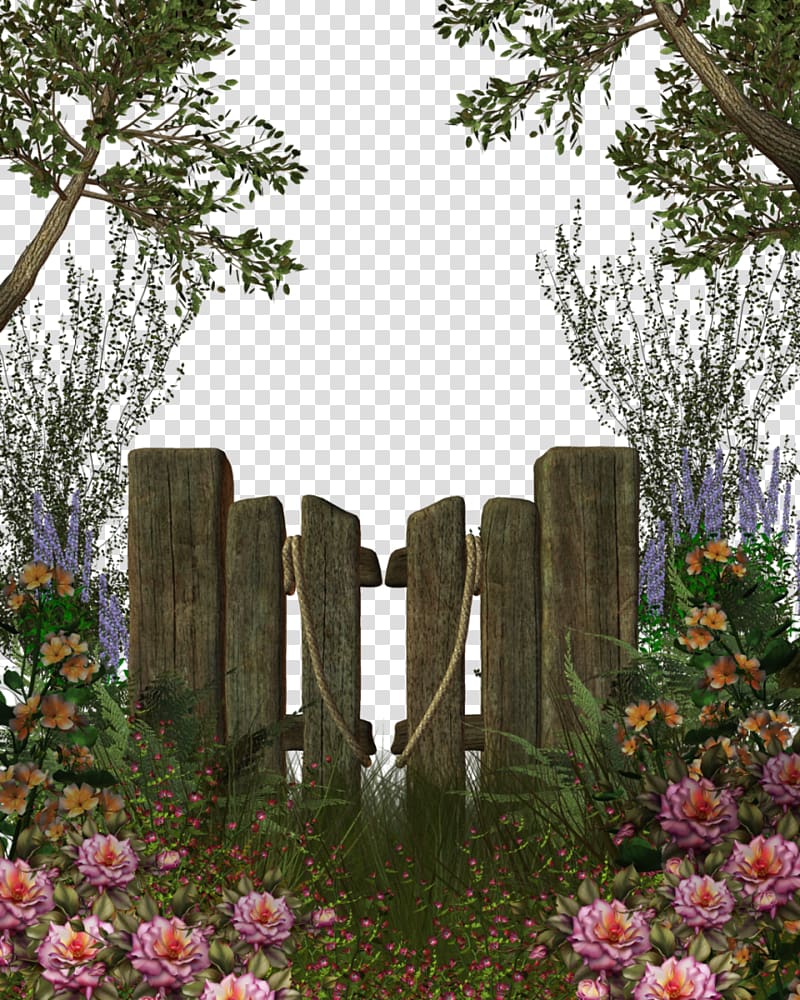 gray wooden fence between pink petaled flowers, , bushes transparent background PNG clipart