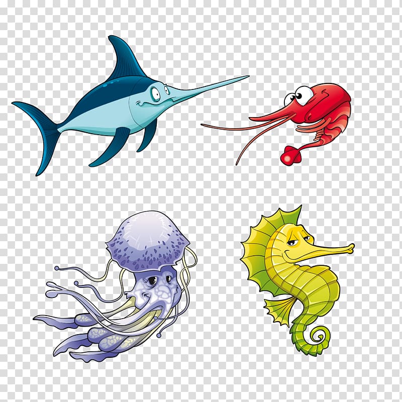 four sea animals illustration, Cartoon fish benthic fauna transparent background PNG clipart