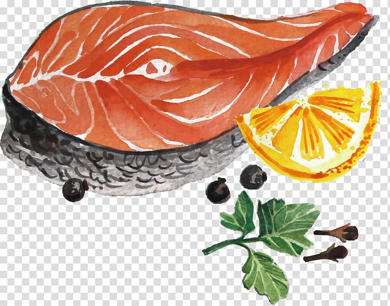 Coffee Tea Caviar Salmon Sashimi, painted fish lemon transparent background PNG clipart