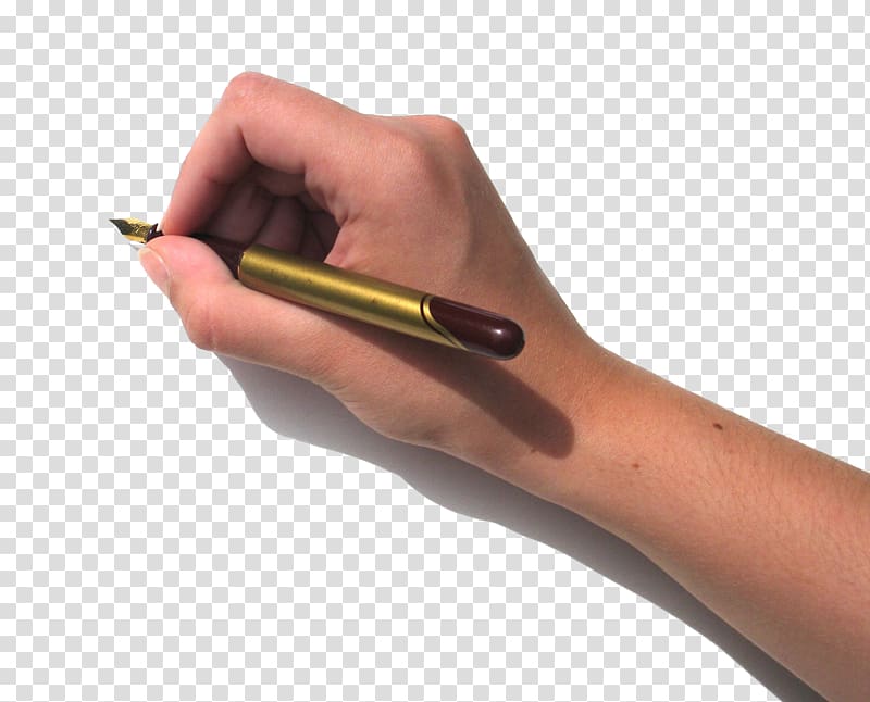 person holding gold and brown fountain pen, Paper Pen Handwriting, Take pen in hand to write transparent background PNG clipart