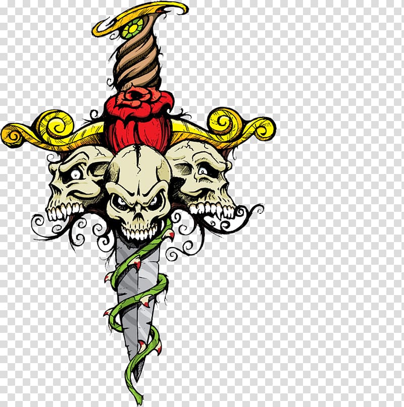 dagger with three skulls and one rose , T-shirt Skull Illustration, Skull and sword transparent background PNG clipart