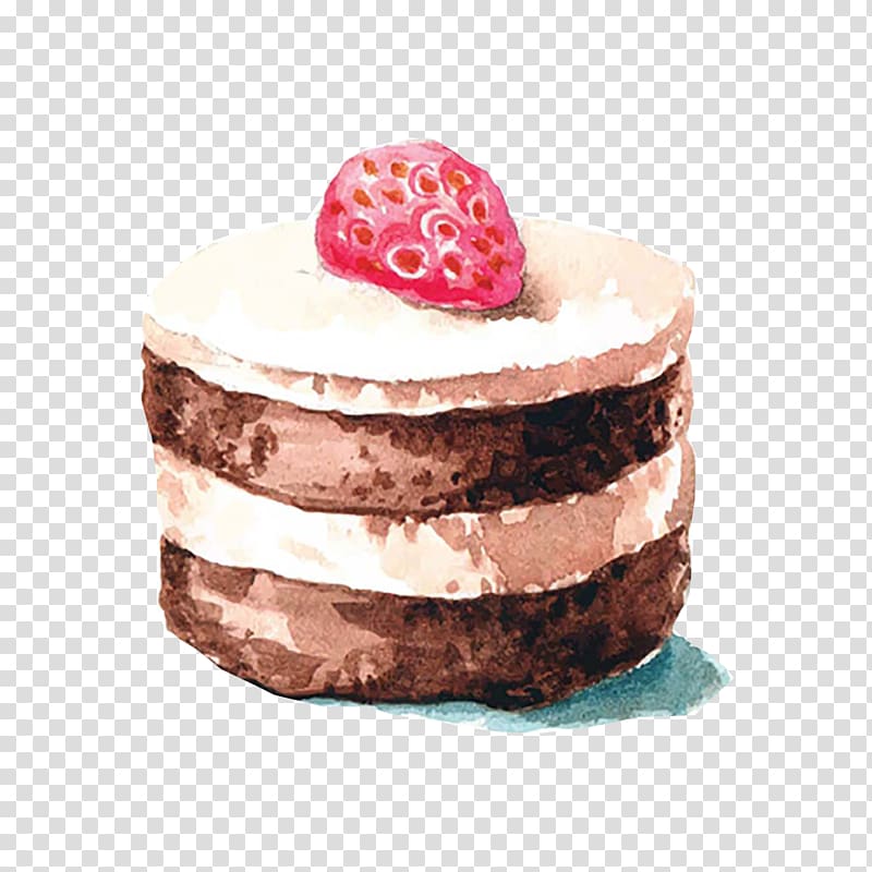 white and brown tiramisu with strawberry , Icing Marble cake Cupcake Watercolor painting, Strawberry Chocolate Cake transparent background PNG clipart