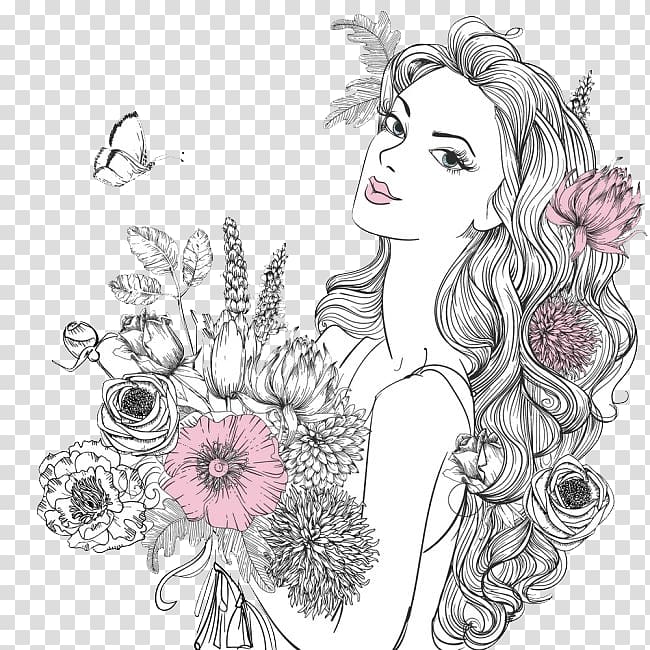 Composition with a Sketch of a Girl S Head and Flowers. Isolated on a White  Background Stock Photo - Image of drawing, face: 230485274