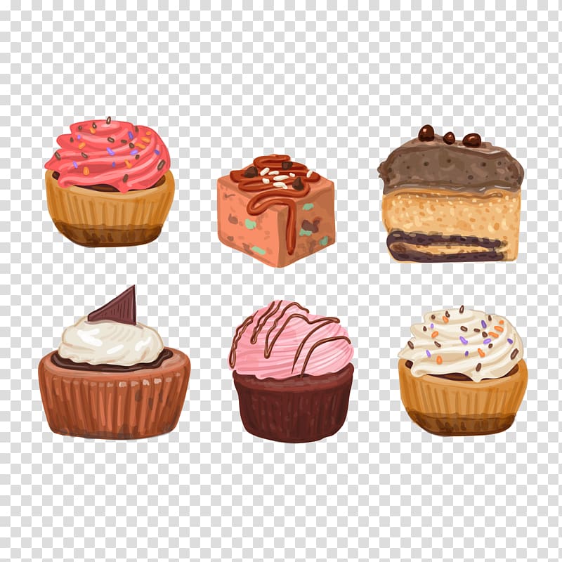 six cupcakes illustration, Chocolate brownie Cream Cupcake Sponge cake, cup cake transparent background PNG clipart