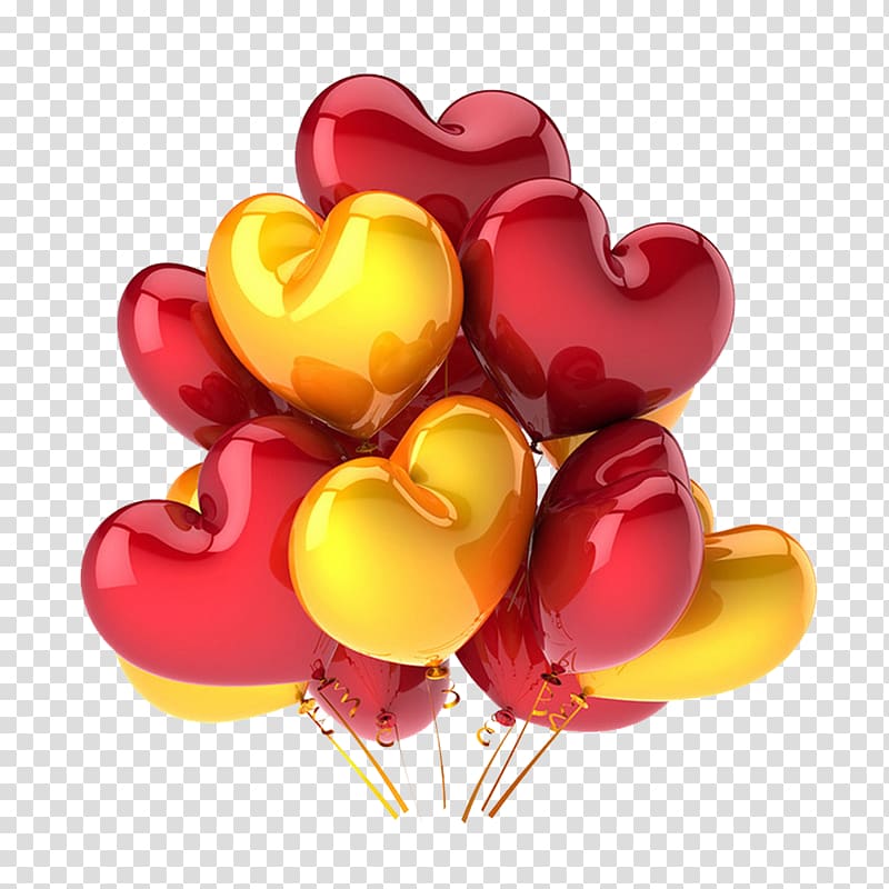 Balloon Party Birthday Heart Greeting card, Red yellow balloons glossy material transparent background PNG clipart