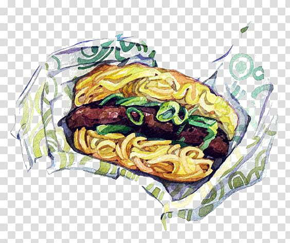 Hamburger Ramen Watercolor painting Illustrator Illustration, Bread painted Ramen transparent background PNG clipart