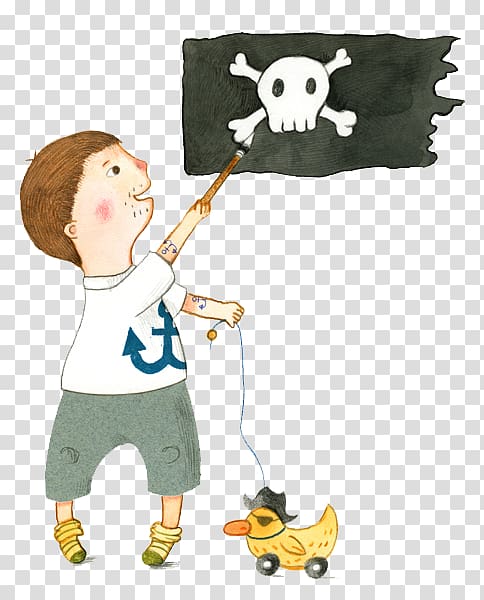 Jolly Roger Illustration, Hand-painted holding a pirate flag transparent background PNG clipart