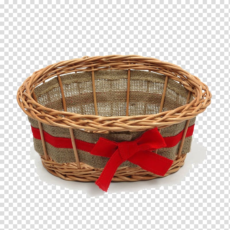 oval wicker brown basket with red ribbon, Gift basket Hamper, Empty Easter Basket transparent background PNG clipart