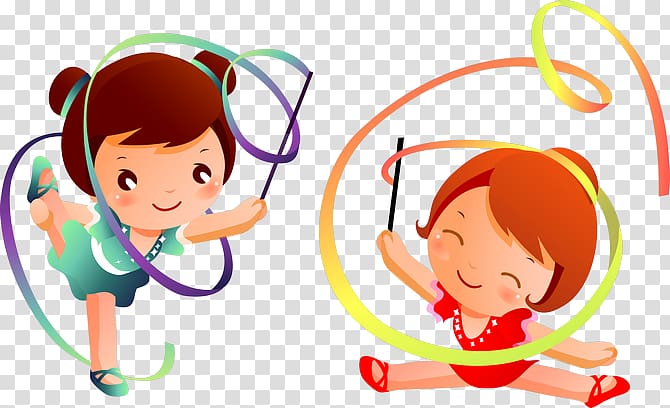 two girls playing stick illustration, Rhythmic gymnastics Child Sport Coach, Rhythmic Gymnastics child transparent background PNG clipart