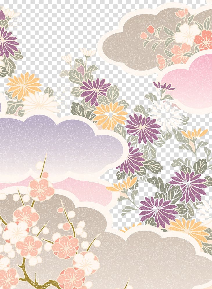 assorted flowers illustration, Yellow Purple Blue Green Circular sector, Warm Japanese pattern transparent background PNG clipart