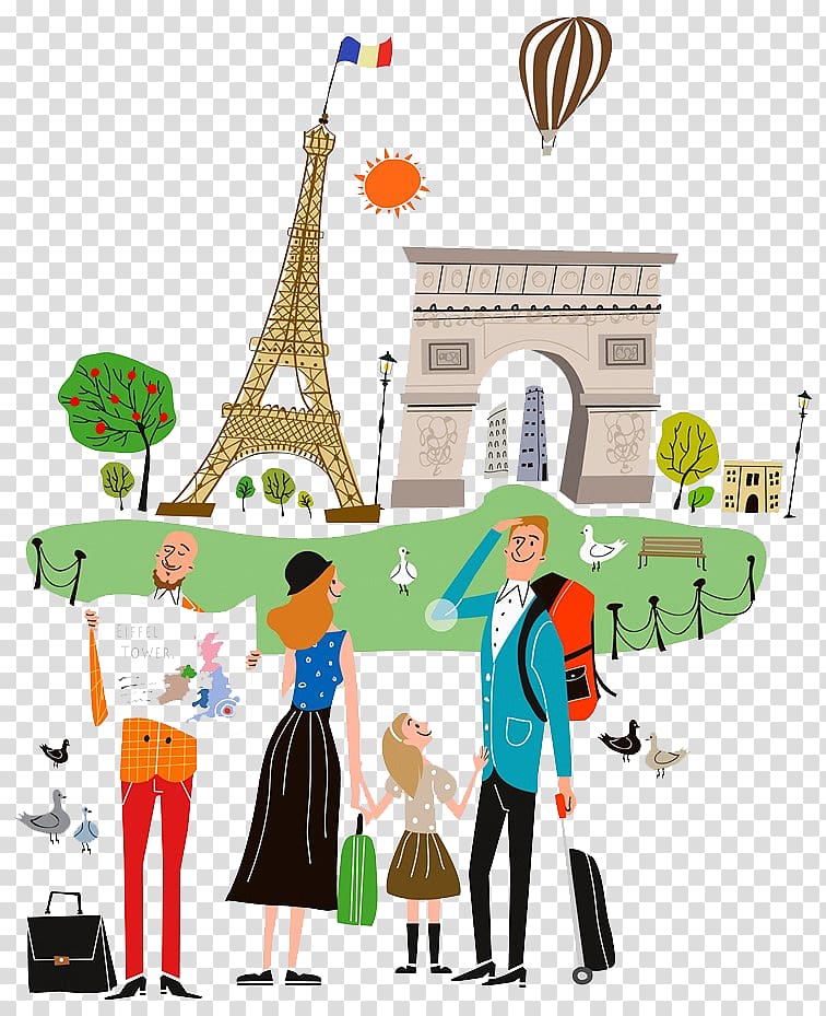 family standing near Eiffel Tower illustration, Travel Drawing Tourism Illustration, city ​​tour transparent background PNG clipart
