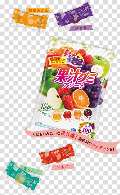 Meiji juice Gumiasoto individual package 90gX6 bag Food 【ケース販売】明治 果汁グミアソート 個包装 90g×6袋 Gummi candy, Candy Gummy transparent background PNG clipart