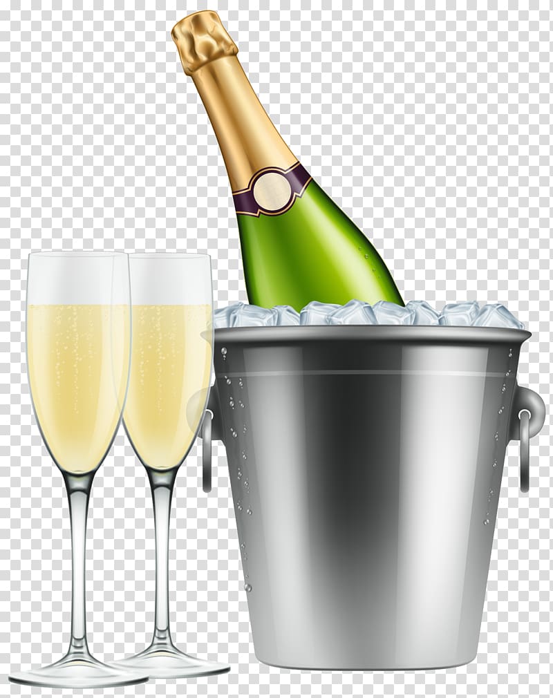 chilled champagne bottle and two flute glasses art illustration, Champagne glass Beer , Champagne in Ice and Glasses transparent background PNG clipart