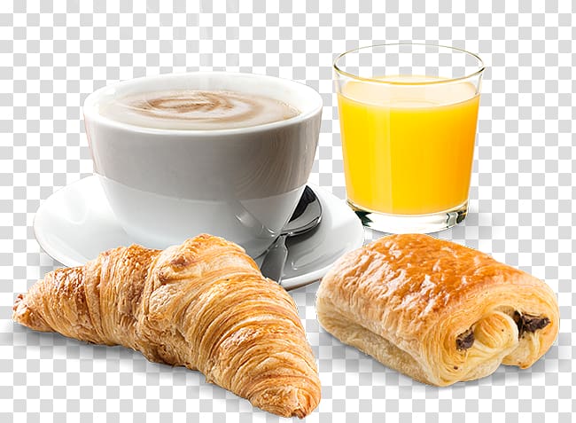bread pastries with coffee and juice, Danish pastry Croissant Breakfast Coffee Café au lait, croissant transparent background PNG clipart