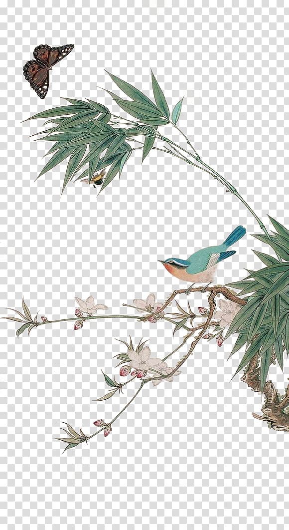 teal and brown bird perched on tree branch illustration against blue background, China Song dynasty Court Ladies Preparing Newly Woven Silk Chinese art Chinese painting, Bamboo Sparrow transparent background PNG clipart