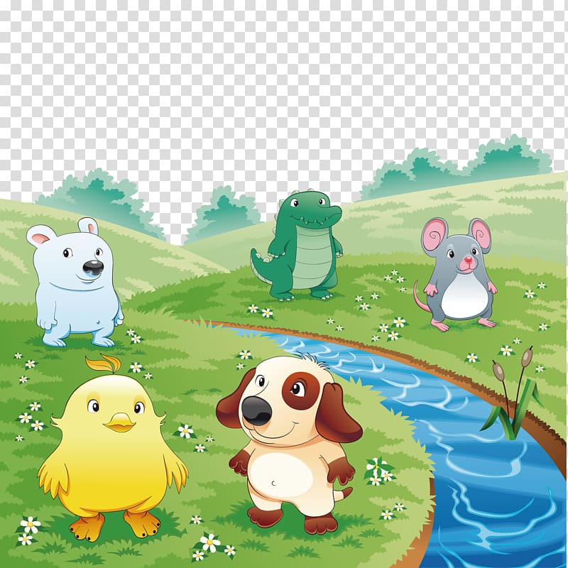 Cartoon Q-version Illustration, The animals on the grass transparent background PNG clipart