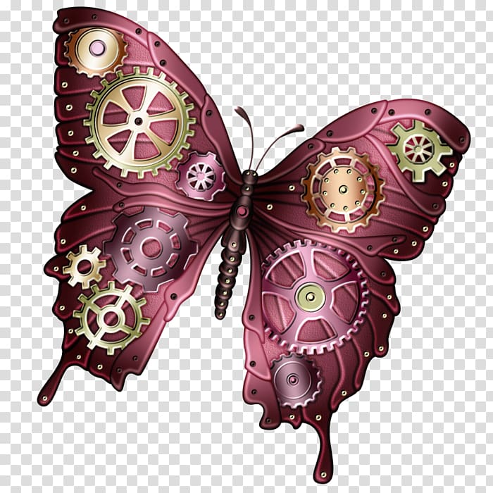 maroon and green swallowtail butterfly with gears illustration, Butterfly Steampunk , butterfly transparent background PNG clipart