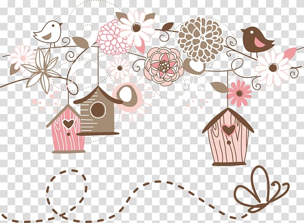 assorted-color flowers and brown birdhouses , Wedding invitation Bird Baby shower Bridal shower, Hand-painted nest transparent background PNG clipart