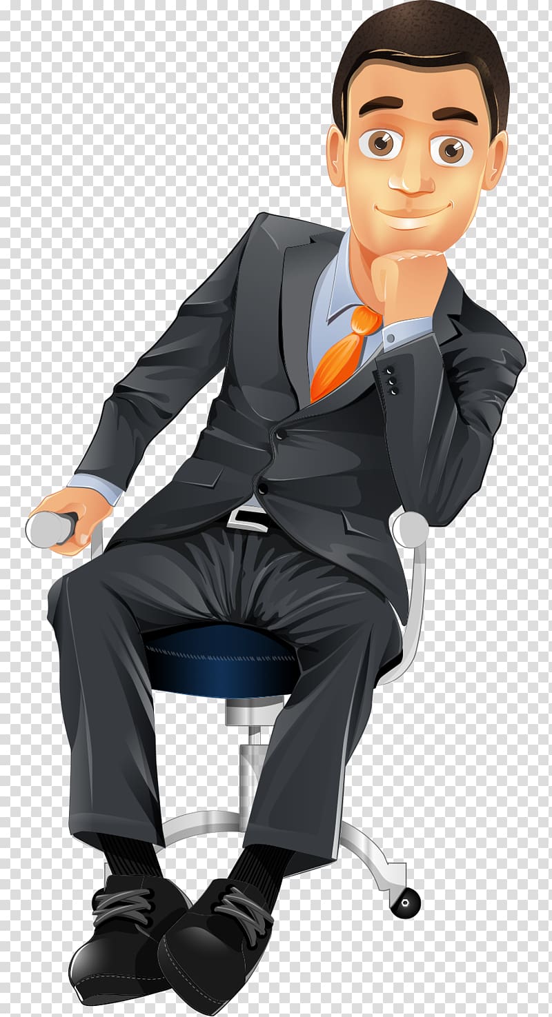 Cartoon Character Businessperson, Hand-painted cartoon business man sitting on a chair, man wearing black suit sitting on rolling chair transparent background PNG clipart