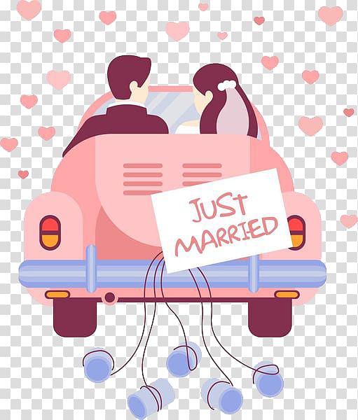 couple riding on bridal car with just married signage , Marriage , The bride and groom wedding car transparent background PNG clipart