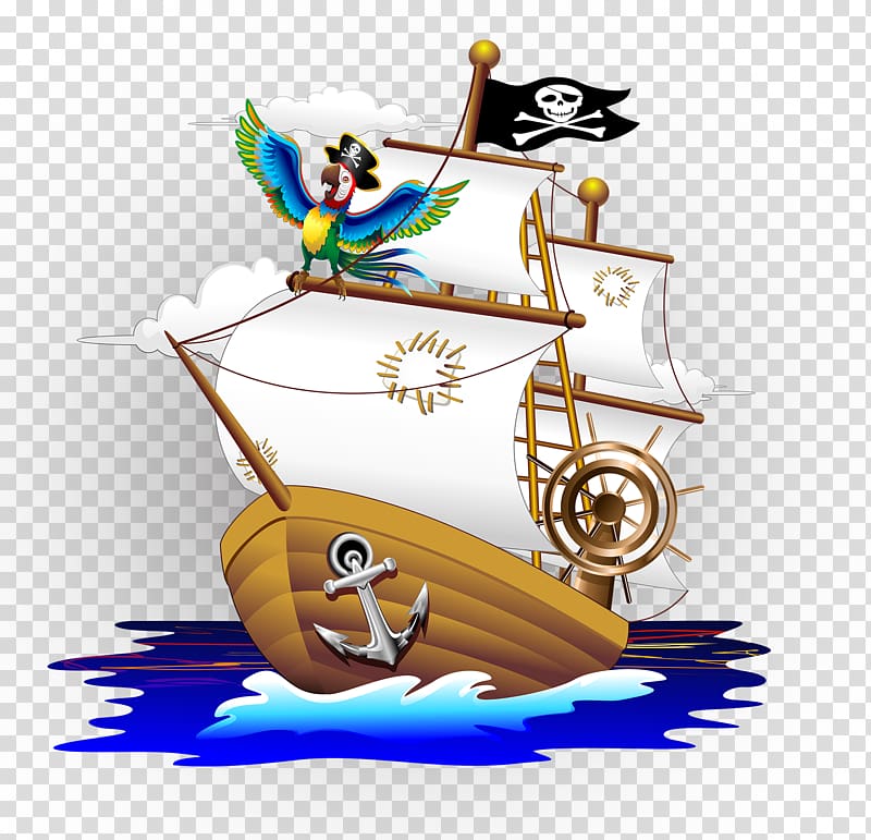 pirate ship on body of water , Parrot Piracy Cartoon Illustration, Cartoon pirate ship transparent background PNG clipart