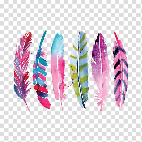 assorted-color feather illustration, Feather Painting Drawing Art Illustration, Watercolor painted feathers transparent background PNG clipart